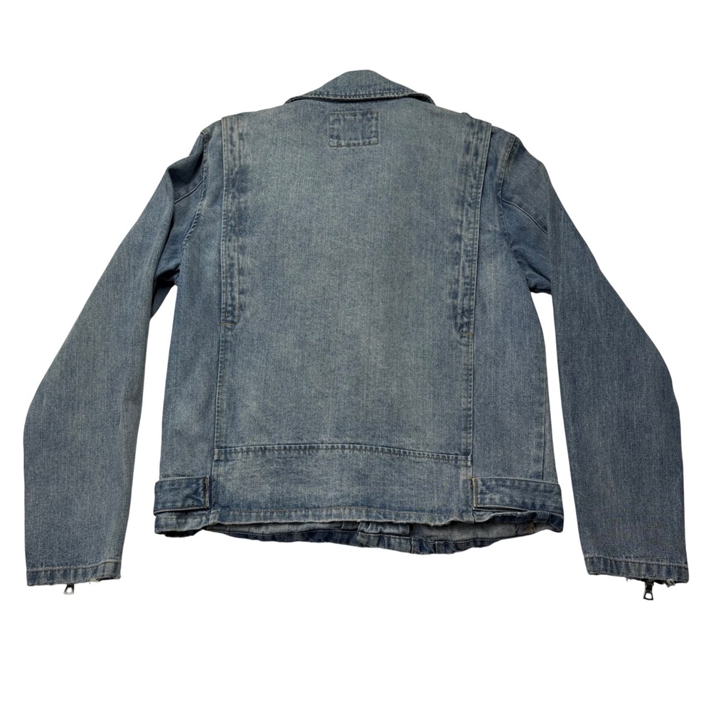 Denim Moto Jacket Womens Light Wash Asymmetrical Zip Distressed Blue Medium - Picture 2 of 6